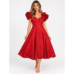 Betsy & Adam Vintage Red Lace Formal Dress 9/10 Ruffle Sleeve Fit Flare Midi